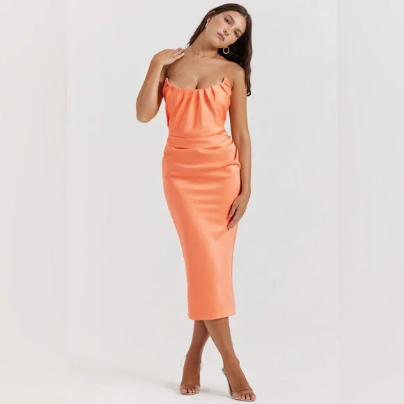 HOUSE OF CB ALORA TANGERINE STRAPLESS CORSET MIDI DRESS, Size Small,$255 - Picture 4 of 15